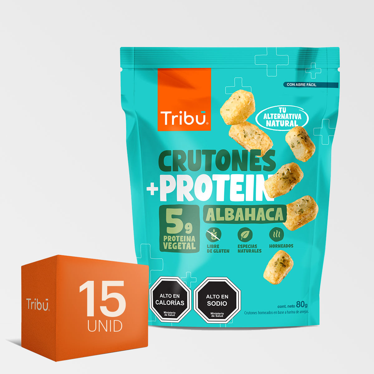 CAJA CRUTONES PROTEIN ALBAHACA 80G (CAJA MÁSTER 15 UNIDADES)